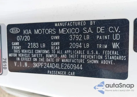 2020 Kia Forte Lxs from USA, damaged, VIN 3KPF24AD4LE260944